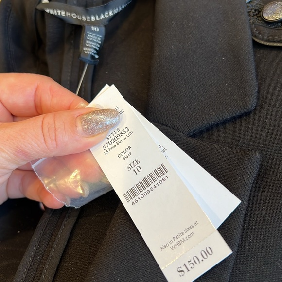 WHBM Blazer Military Blazer Black Epaulets Faux Leather Trim Ponte Crest Buttons - Picture 9 of 10